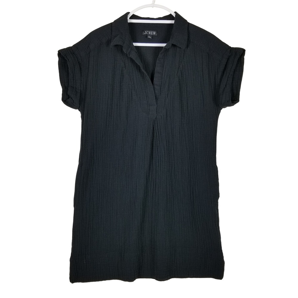 J.CREW Tunic Dress Women Large Black Cotton Gauze Short Sleeve V-Neck Casual
